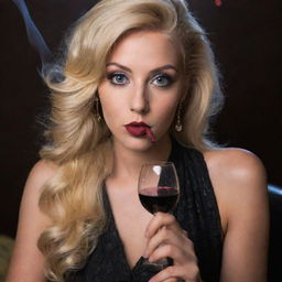 A girl with blonde hair and large, bold eyes, at medium height, holding a glass of wine and a hookah pipe.