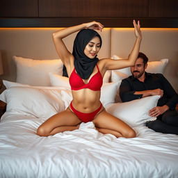 A hijab-wearing woman in a striking red bra and matching red underwear is stretching her body gracefully on her sumptuous bed, which is adorned with luxurious linens