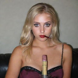 A girl with blonde hair, large, bold eyes, at average height, holding a glass of wine and a hookah pipe.