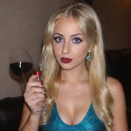 A girl with blonde hair, large, bold eyes, at average height, holding a glass of wine and a hookah pipe.