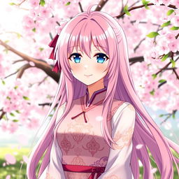 A stunning anime-style character, embodying the essence of a waifu, with long flowing pink hair that cascades down her back, sparkling blue eyes that radiate warmth, and a radiant smile