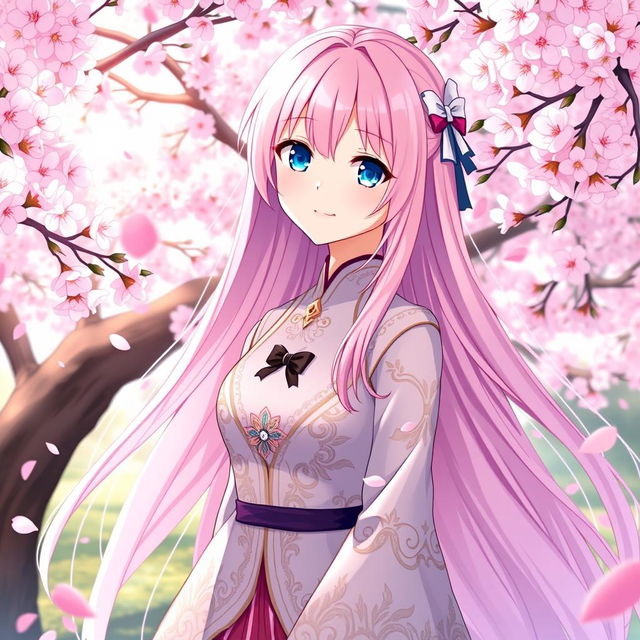 A stunning anime-style character, embodying the essence of a waifu, with long flowing pink hair that cascades down her back, sparkling blue eyes that radiate warmth, and a radiant smile