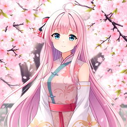 A stunning anime-style character, embodying the essence of a waifu, with long flowing pink hair that cascades down her back, sparkling blue eyes that radiate warmth, and a radiant smile