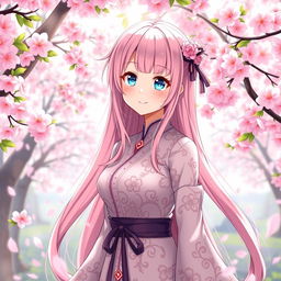A stunning anime-style character, embodying the essence of a waifu, with long flowing pink hair that cascades down her back, sparkling blue eyes that radiate warmth, and a radiant smile