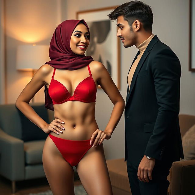 A hijab-wearing woman elegantly dressed in a striking red bra and matching red underwear stands confidently, with one hand on her hip, exuding charm and poise