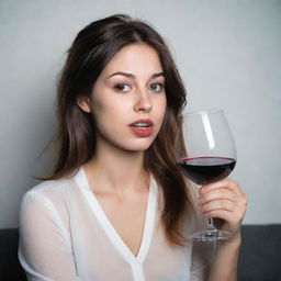 A girl looking a little tipsy, holding a glass of wine, her emotions reflecting a mix of euphoria and slight intoxication.