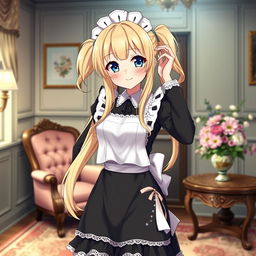 A beautiful anime-style waifu with long, flowing blonde hair styled in two cute pigtails, sparkling blue eyes, and a warm, inviting smile