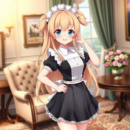 A beautiful anime-style waifu with long, flowing blonde hair styled in two cute pigtails, sparkling blue eyes, and a warm, inviting smile