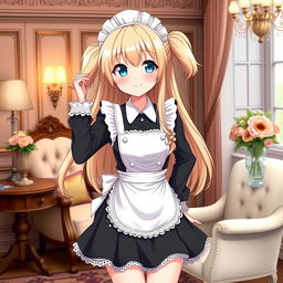 A beautiful anime-style waifu with long, flowing blonde hair styled in two cute pigtails, sparkling blue eyes, and a warm, inviting smile