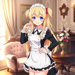 A beautiful anime-style waifu with long, flowing blonde hair styled in two cute pigtails, sparkling blue eyes, and a warm, inviting smile
