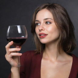 A girl looking a little tipsy, holding a glass of wine, her emotions reflecting a mix of euphoria and slight intoxication.