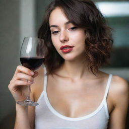 A girl looking a little tipsy, holding a glass of wine, her emotions reflecting a mix of euphoria and slight intoxication.