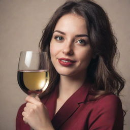 A girl looking a little tipsy, holding a glass of wine, her emotions reflecting a mix of euphoria and slight intoxication.