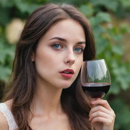 A slightly intoxicated girl sipping from a glass of wine, her eyes revealing an air of euphoria.