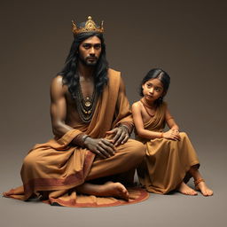 A traditional Javanese king without a crown, dressed in ancient Javanese attire, featuring long hair that is slightly wavy and flowing down