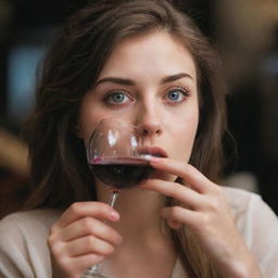 A slightly intoxicated girl sipping from a glass of wine, her eyes revealing an air of euphoria.