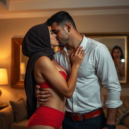 A hijab-wearing woman dressed in a striking red bra and matching red underwear is captured in a passionate kiss with an attractive man, showcasing a moment of romantic intimacy