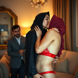 A hijab-wearing woman dressed in a striking red bra and matching red underwear is captured in a passionate kiss with an attractive man, showcasing a moment of romantic intimacy