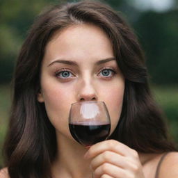 A slightly intoxicated girl sipping from a glass of wine, her eyes revealing an air of euphoria.