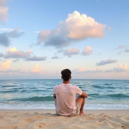 A young man sitting on a beach, facing the ocean, with his back to the camera
