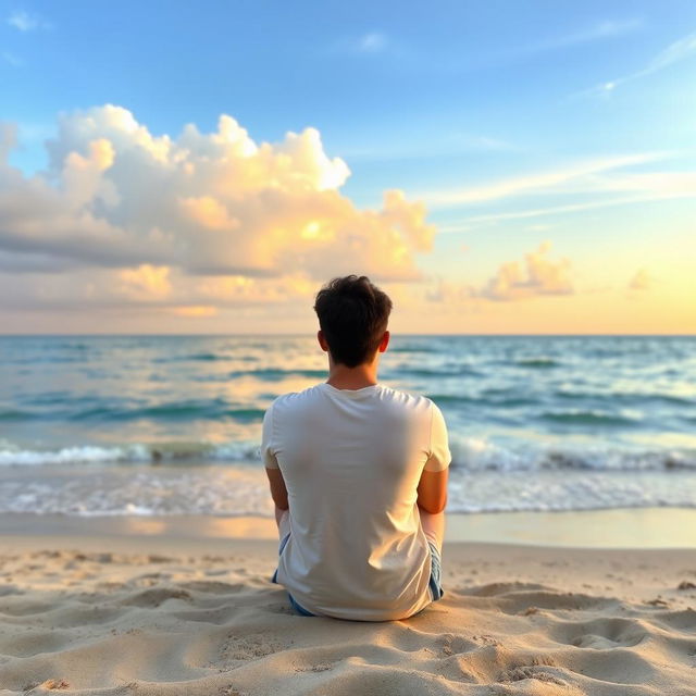 A young man sitting on a beach, facing the ocean, with his back to the camera