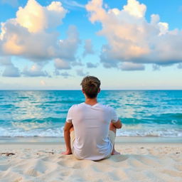 A young man sitting on a beach, facing the ocean, with his back to the camera