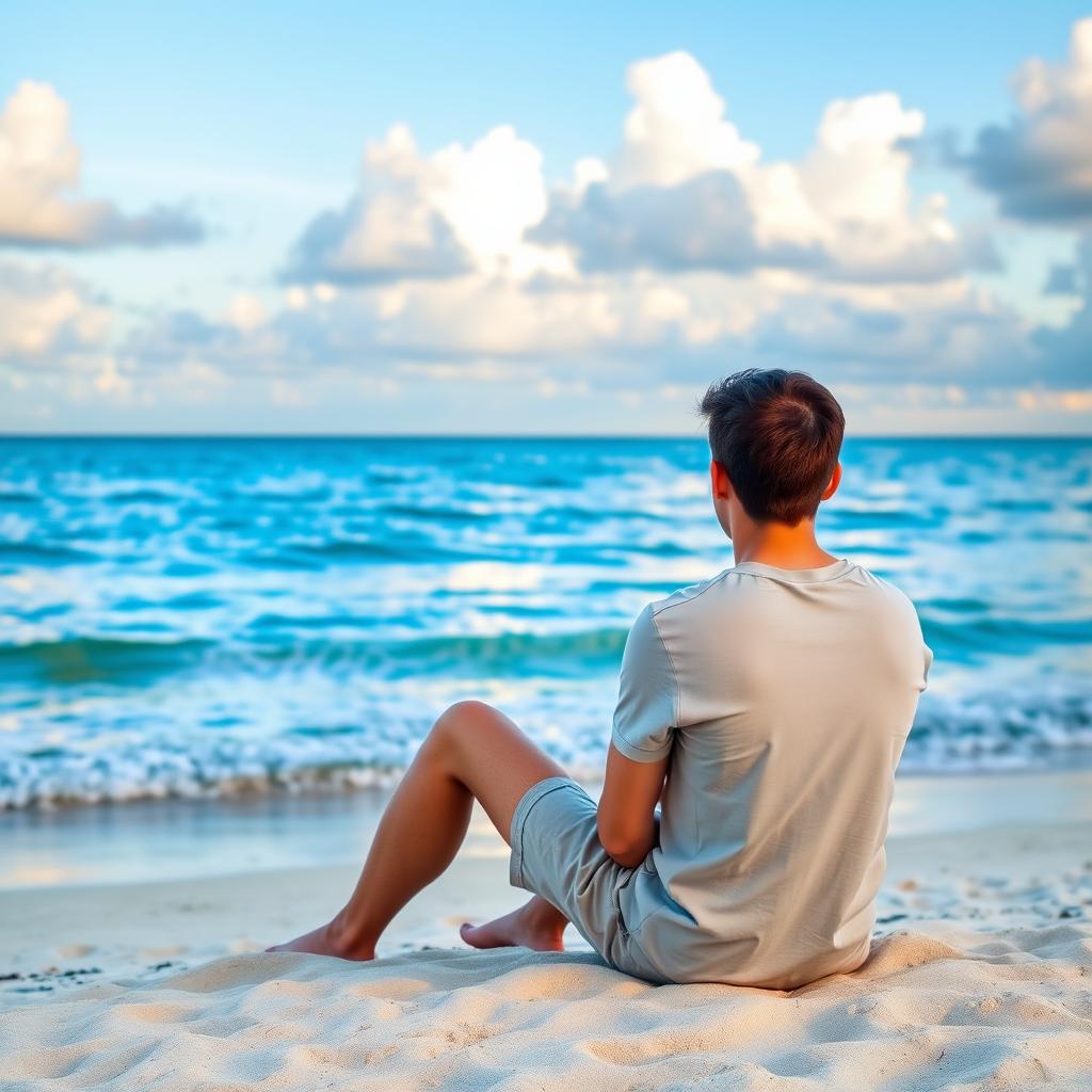 A young man sitting on a beach, facing the ocean, with his back to the camera