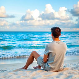 A young man sitting on a beach, facing the ocean, with his back to the camera