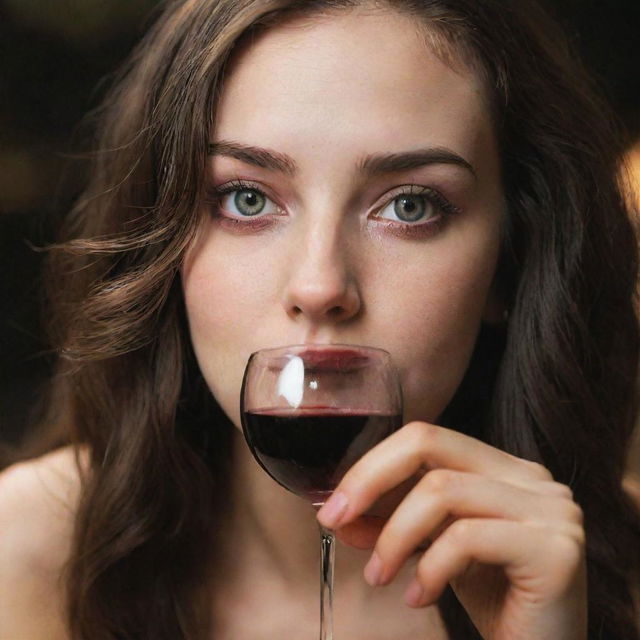 A slightly intoxicated girl sipping from a glass of wine, her eyes revealing an air of euphoria.