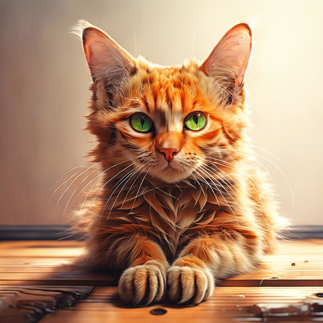 A vibrant ginger cat with green eyes sitting on a wooden floor, bathed in soft light.