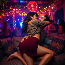 A sensual woman inspired by the looks of Nushrat Bharucha, wearing a short skirt and in the process of removing her shirt, revealing her cleavage and navel
