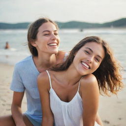 A slightly intoxicated girl at the beach with a partner, both looking carefree and enjoying the tranquility of the seaside.