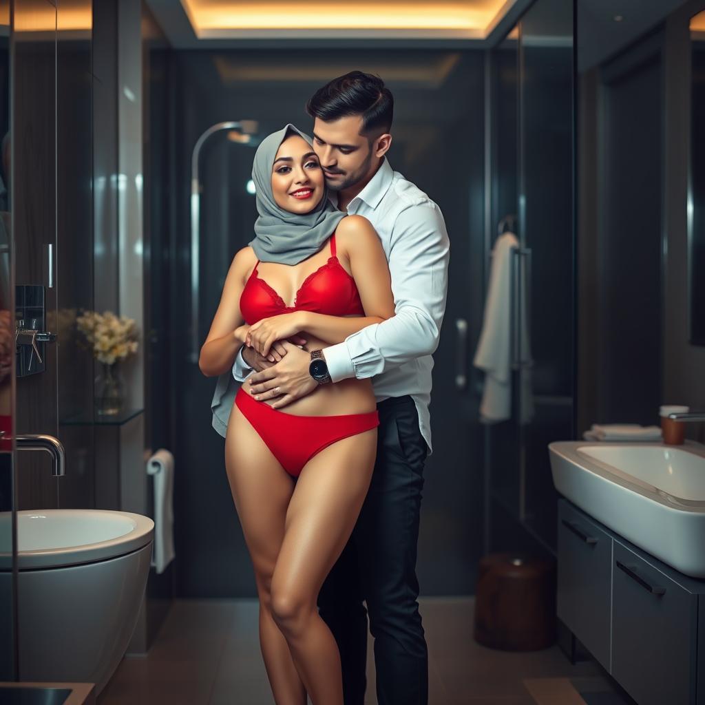 A man embraces a hijab-wearing woman in a stylish bathroom setting