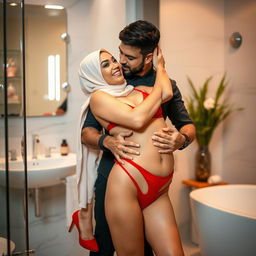 A man embraces a hijab-wearing woman in a stylish bathroom setting