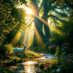 An enchanting forest landscape during golden hour, where beams of sunlight filter through dense foliage, casting a warm glow on the forest floor