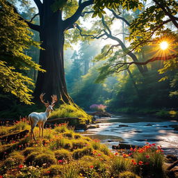 An enchanting forest landscape during golden hour, where beams of sunlight filter through dense foliage, casting a warm glow on the forest floor