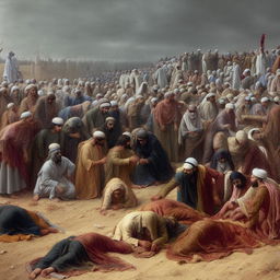 An emotionally touching scene depicting the martyrdom of Imam Hussein, painted with dramatic, rich colors, with sorrowful expressions on mourners' faces.