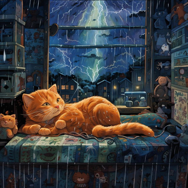 Studio Ghibli-style animation of a sleeping ginger cat on a child's bed during a stormy night.