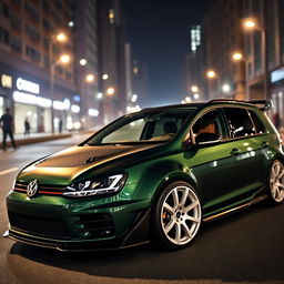 A dark green Volkswagen Golf MK7 featuring an aggressive body kit, set against a dark city backdrop at night