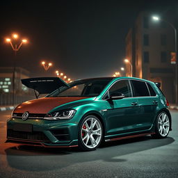A dark green Volkswagen Golf MK7 featuring an aggressive body kit, set against a dark city backdrop at night