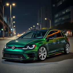 A dark green Volkswagen Golf MK7 featuring an aggressive body kit, set against a dark city backdrop at night