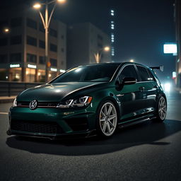 A dark green Volkswagen Golf MK7 featuring an aggressive body kit, set against a dark city backdrop at night