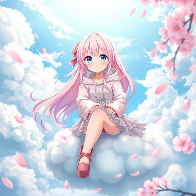 A stunning anime girl, known as a waifu, with long flowing pastel pink hair and bright blue eyes, wearing a cute and stylish outfit with a frilly skirt and oversized hoodie