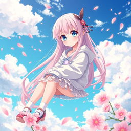 A stunning anime girl, known as a waifu, with long flowing pastel pink hair and bright blue eyes, wearing a cute and stylish outfit with a frilly skirt and oversized hoodie