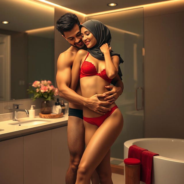 A sexy man in stylish underwear embraces a hijab-wearing woman in a chic bathroom setting