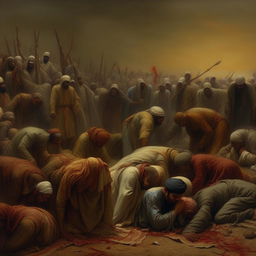 An emotionally touching scene depicting the martyrdom of Imam Hussein, painted with dramatic, rich colors, with sorrowful expressions on mourners' faces.