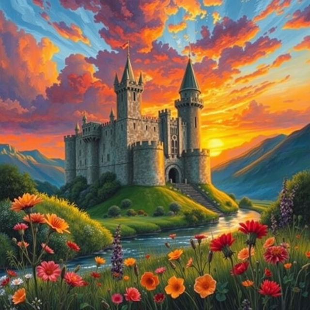 A majestic medieval castle standing tall against a vibrant sunset sky, with deep oranges, purples, and reds reflecting off the clouds