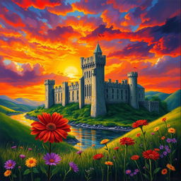 A majestic medieval castle standing tall against a vibrant sunset sky, with deep oranges, purples, and reds reflecting off the clouds
