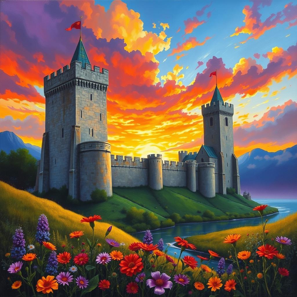 A majestic medieval castle standing tall against a vibrant sunset sky, with deep oranges, purples, and reds reflecting off the clouds