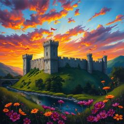 A majestic medieval castle standing tall against a vibrant sunset sky, with deep oranges, purples, and reds reflecting off the clouds